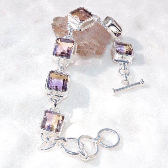 Ametrine Cut Natural Gemstone 925 Sterling Silver Bracelets, One of a Kind Gift - Picture 4 of 5